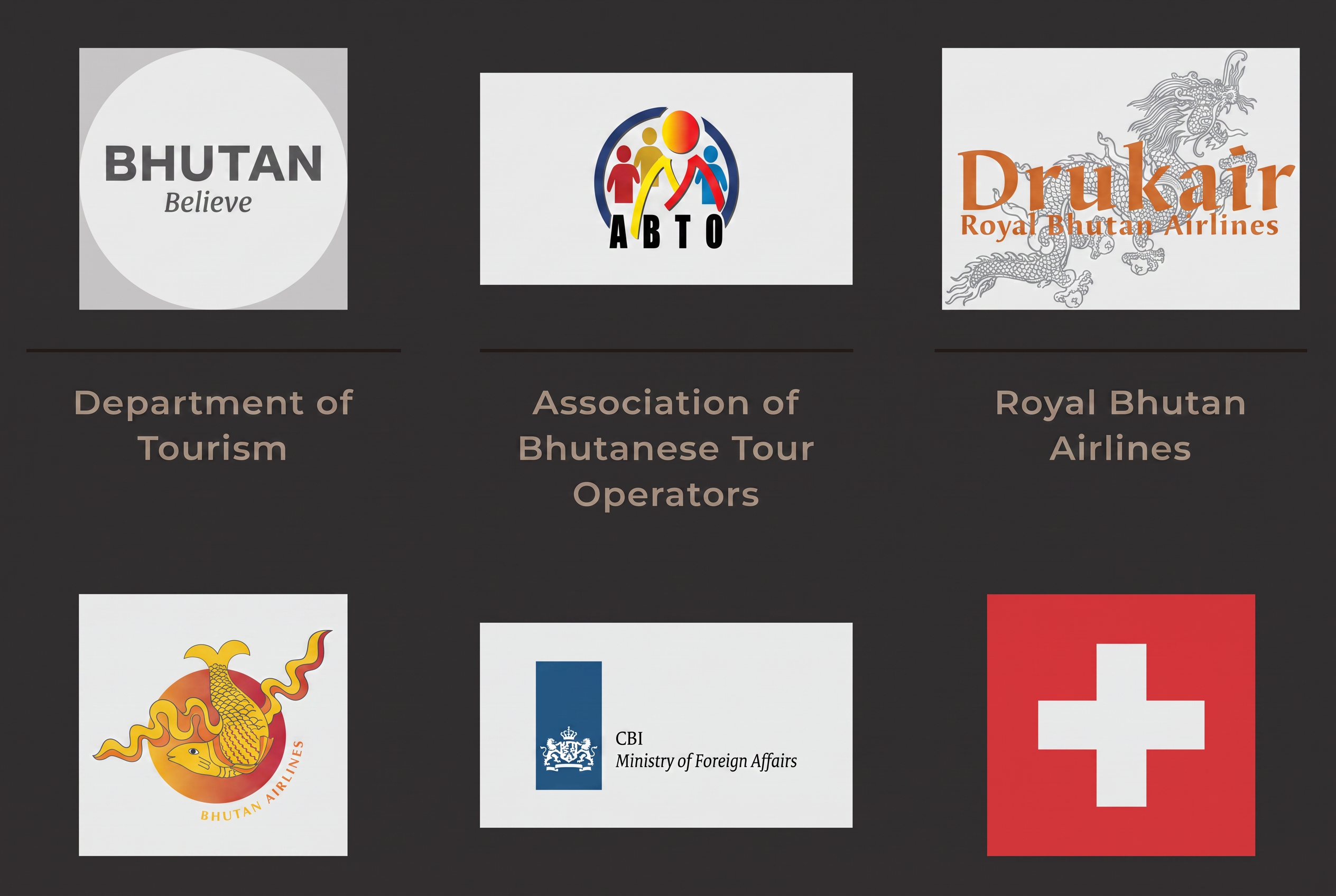 Official Bhutanese tourism affiliations: Department of Tourism, Association of Bhutanese Tour Operators, Drukair and Bhutan Airlines