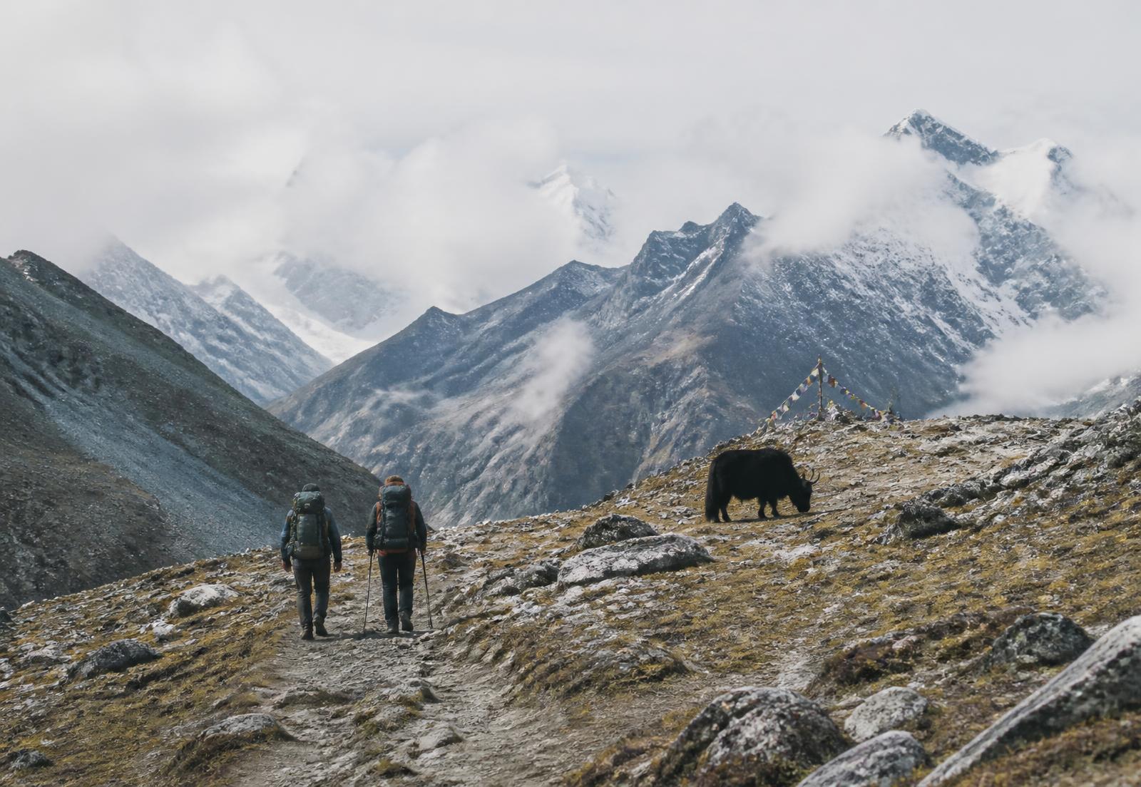 Trekkers on a Himalayan ridge trail in Bhutan hung with prayer flags